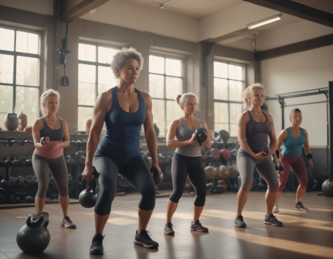 Older man and younger woman doing lunges with dumbbells in a gym