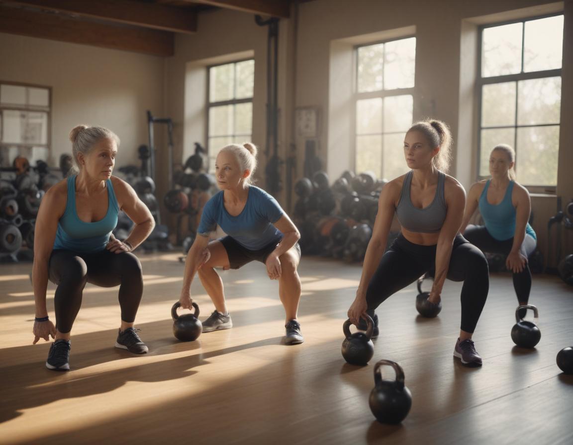 Gym class engaging in functional fitness circuits like kettlebell swings and sled pushes