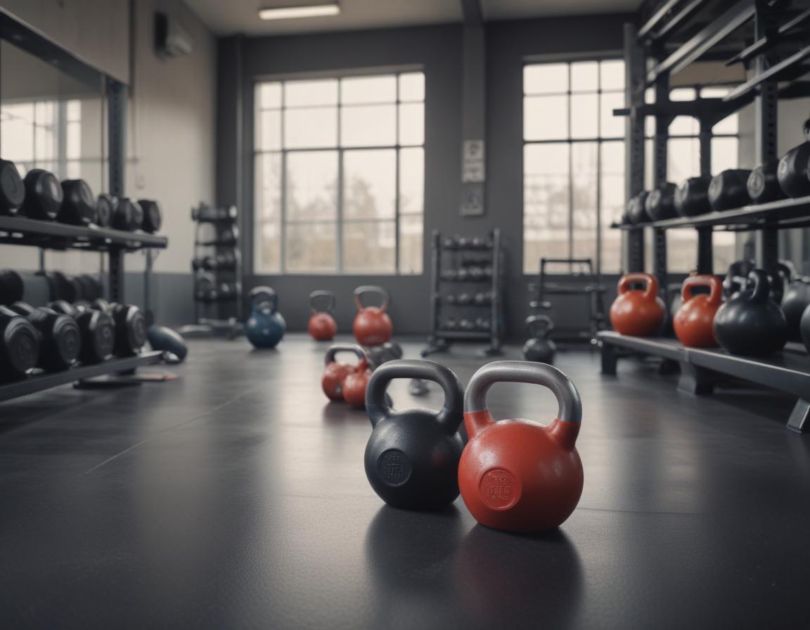 Free weights, kettlebells, and gym equipment in a clean, modern gym setting