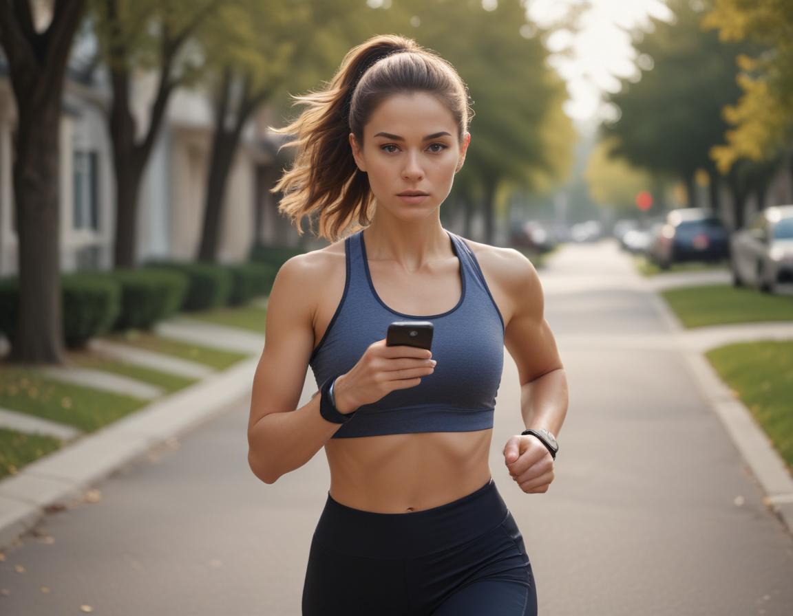 A confident young person starting a run while watching a fitness challenge video