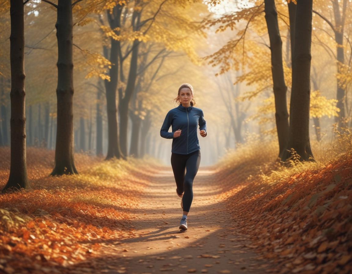 A strong and determined runner jogging along a serene forest path surrounded by autumn leaves.