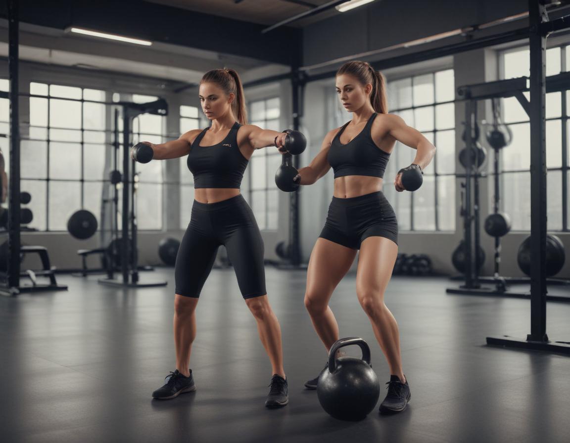 A woman and a man performing kettlebell swings in a sleek and modern gym environment, emphasizing movement and full-body engagement.