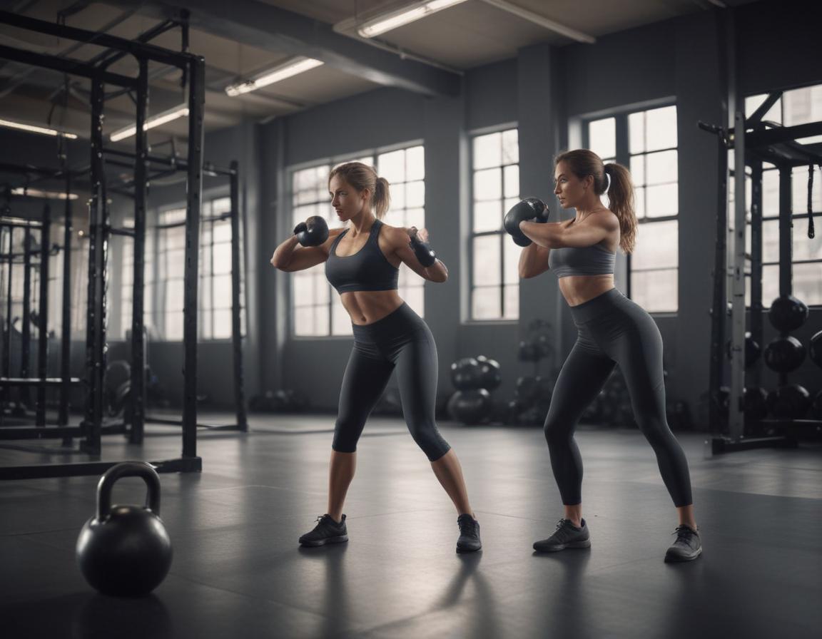 A close-up photo of a group fitness class performing lunges and planks on colorful mats, led by a certified instructor.