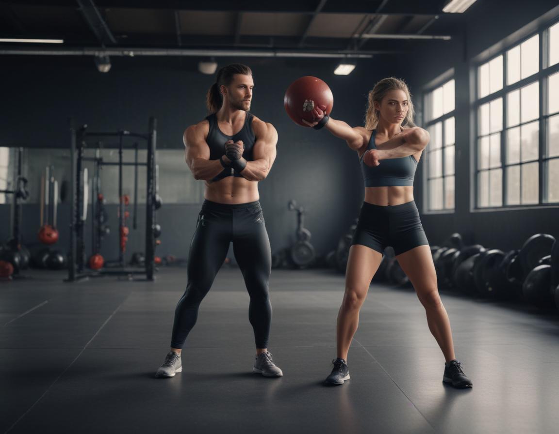 A professional personal trainer guiding a beginner through a basic squat and providing safety tips, with gym equipment in the background.