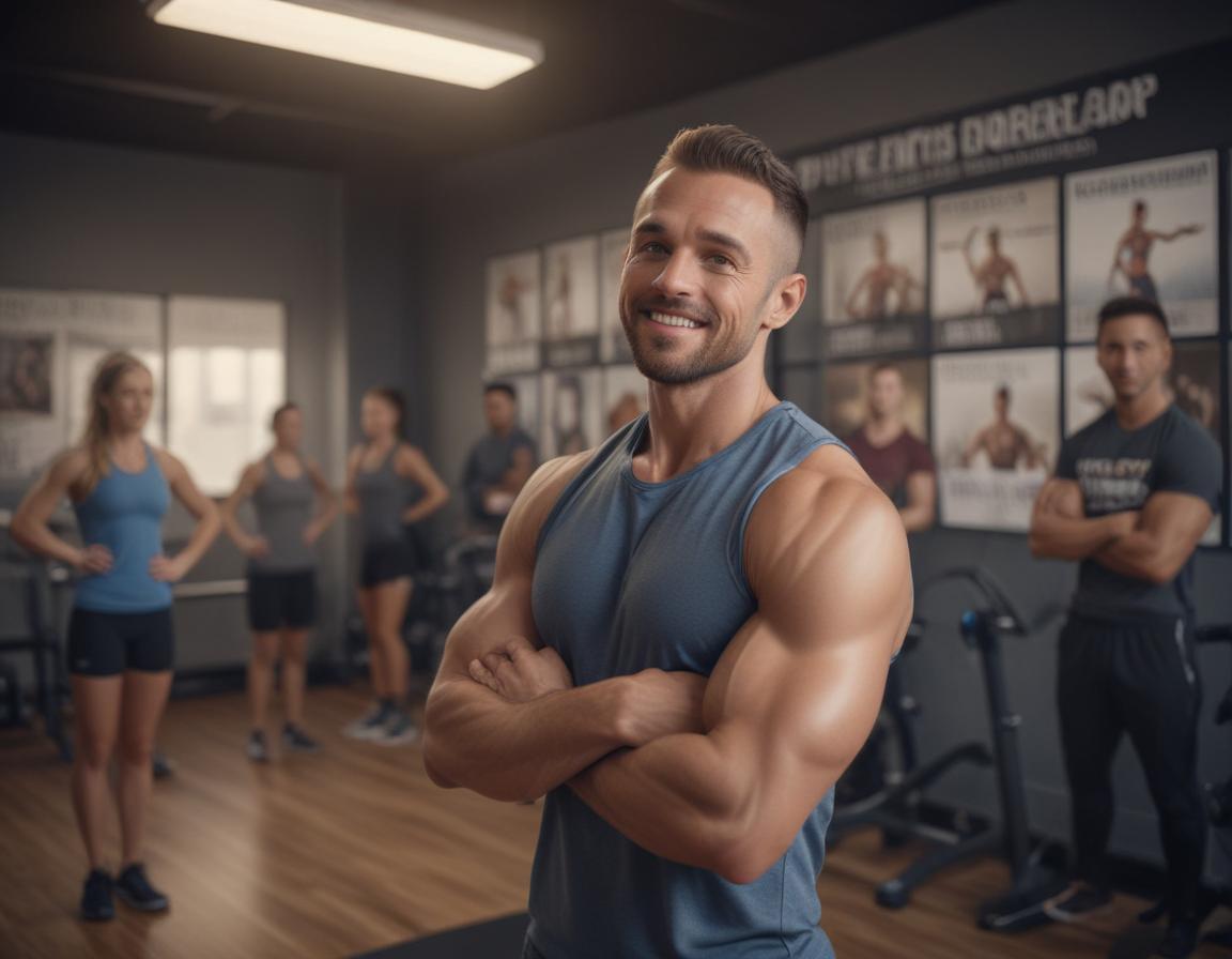 A fitness coach narrating a success story to a small group inside a gym