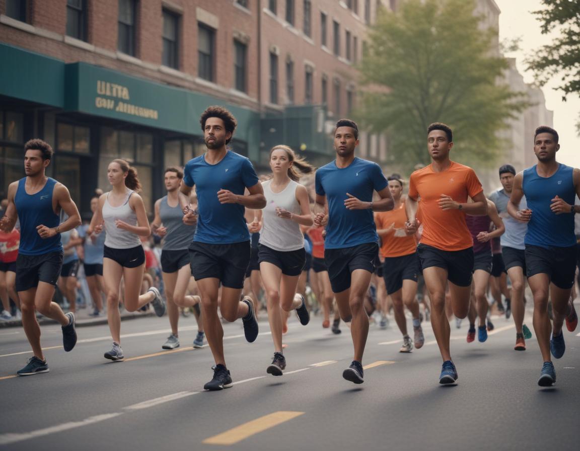 A group of runners warming up before a charity marathon event in an urban American setting, filled with energy and diversity.