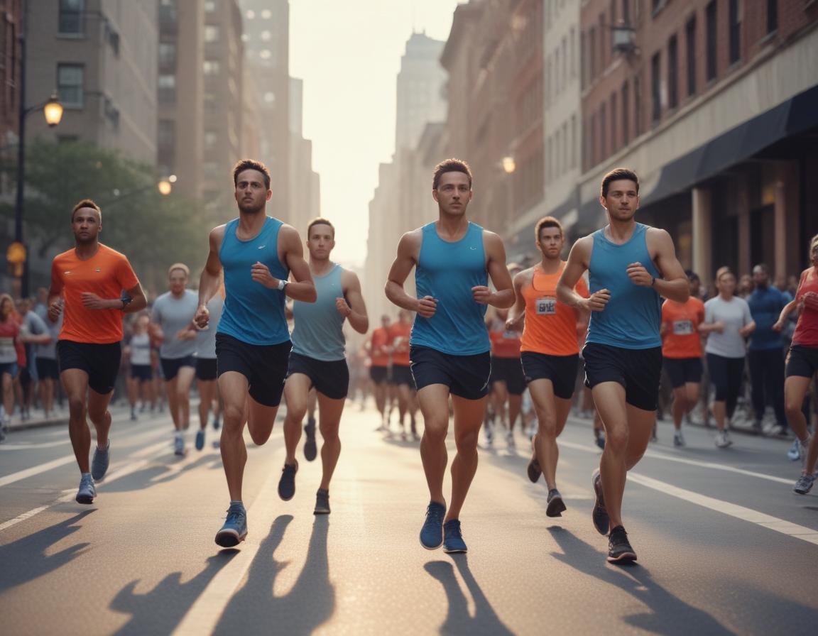 A community race day scene: individuals crossing the finish line celebrating fitness accomplishments together under the sun.