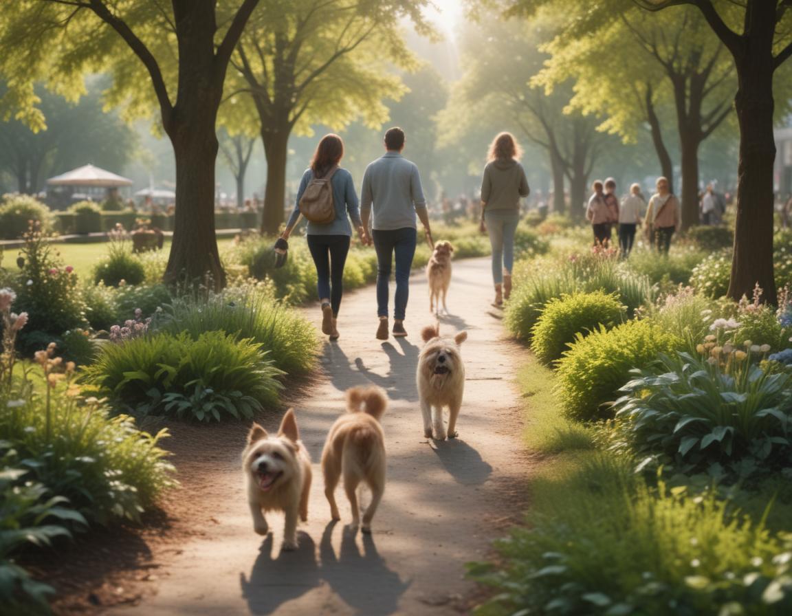 People gardening, walking dogs, and enjoying subtle outdoor activities in a park