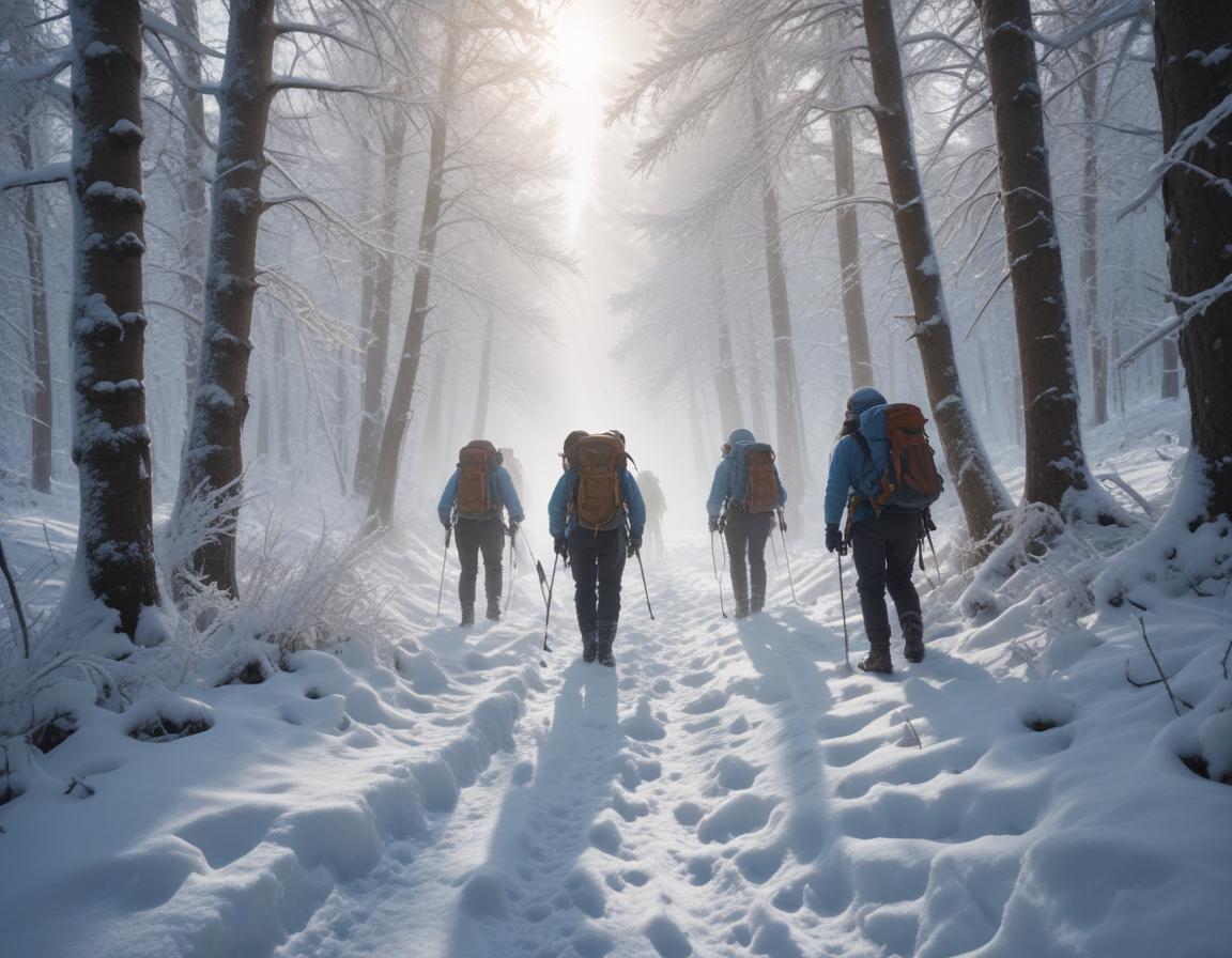 Group of athletes trekking through a snow-drenched mountain in winter gear