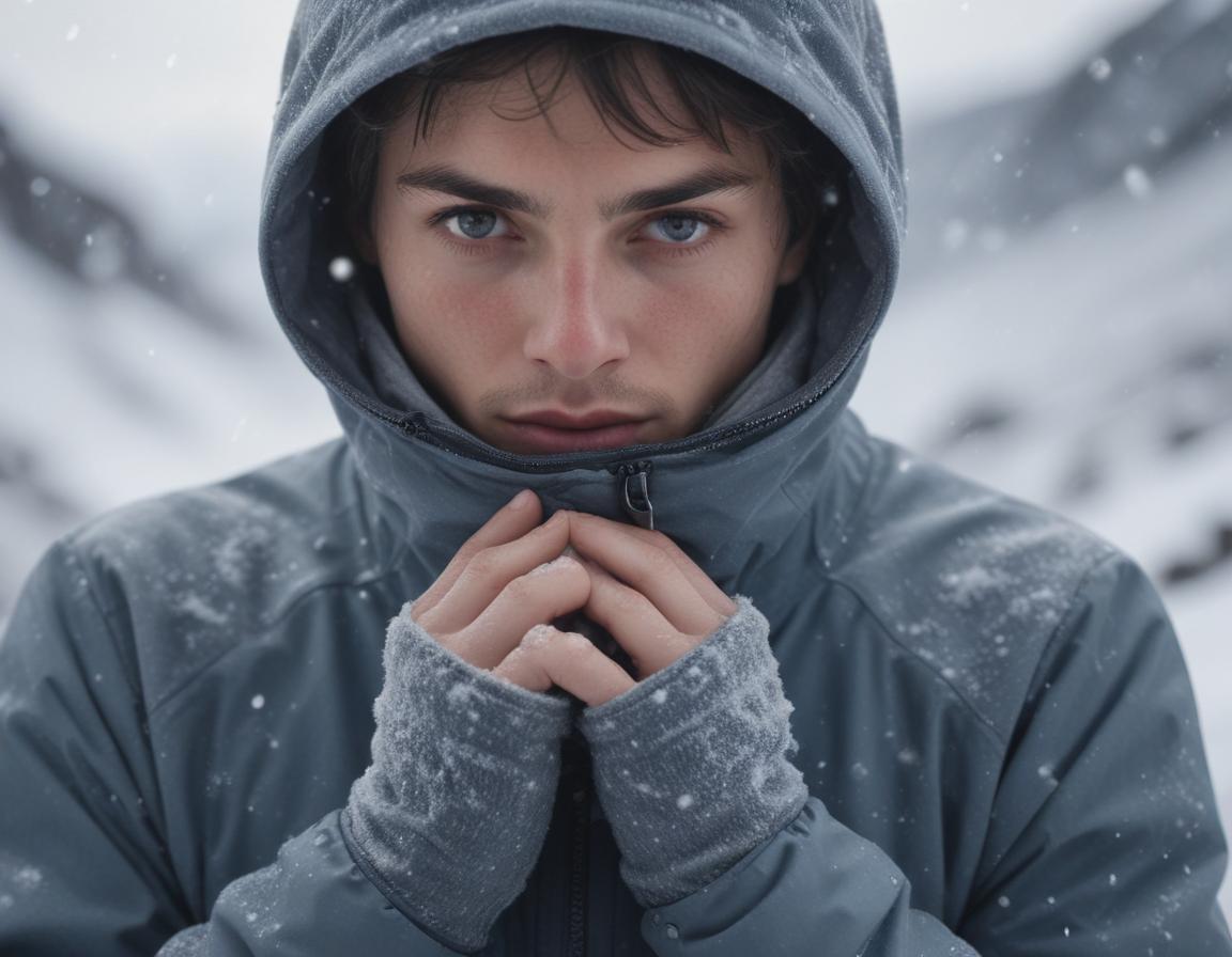 Person layering up in winter clothing in Arctic conditions