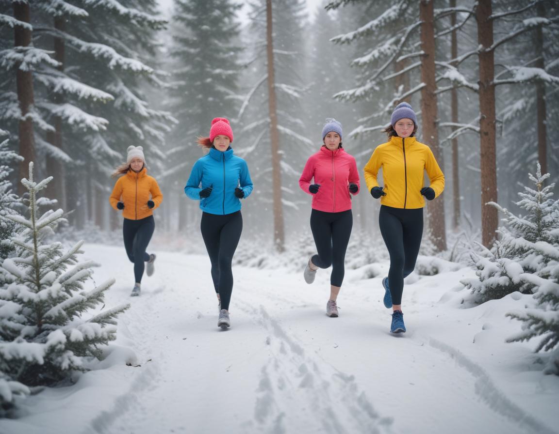 Fitness enthusiasts running in snowy forest wearing colorful winter gear