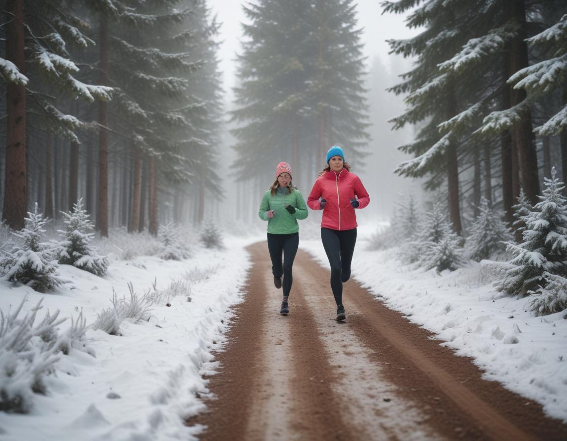 People enjoying group workouts outdoors in a snowy forest