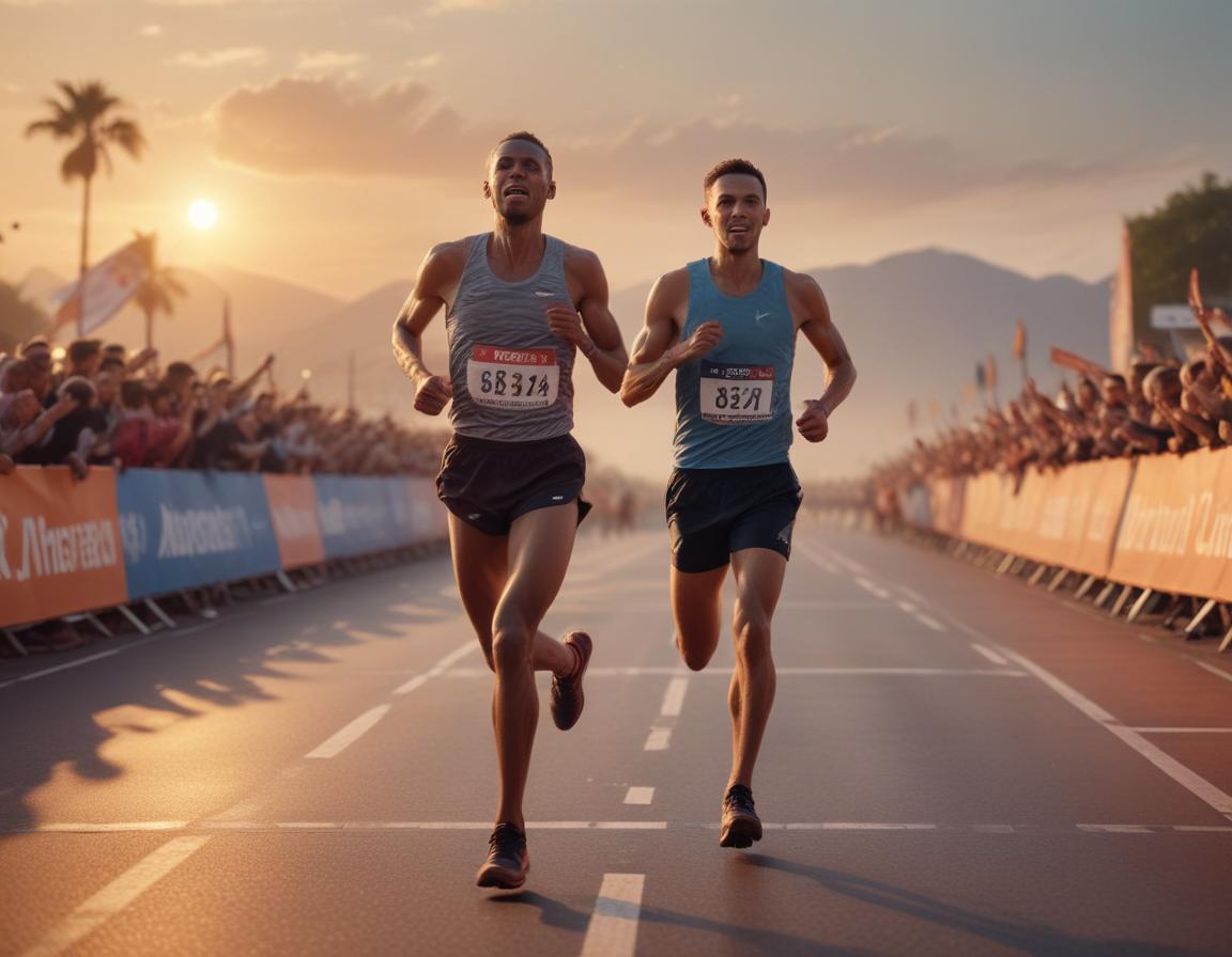 Marathon runner crossing the finish line at sunset